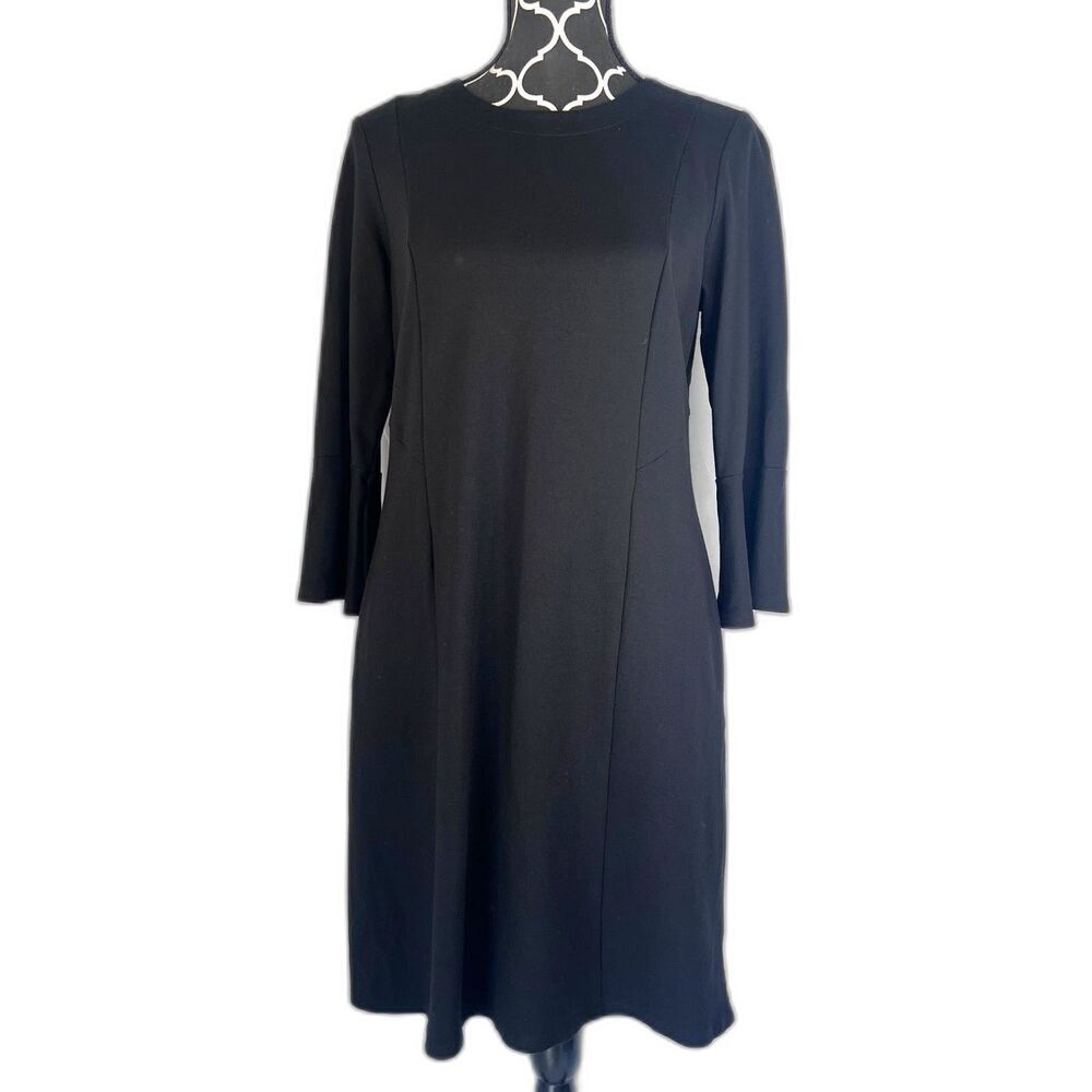 J Jill Black Ponte Bell Cuff LBD Classic Shift Neutral Minimalist Dress Sz Small